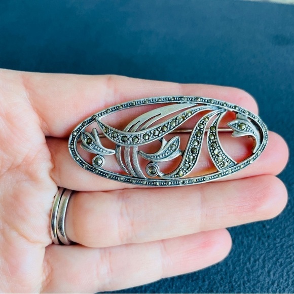 Vintage Marcasite Sterling Silver Oval Pin Brooch - Picture 5 of 5